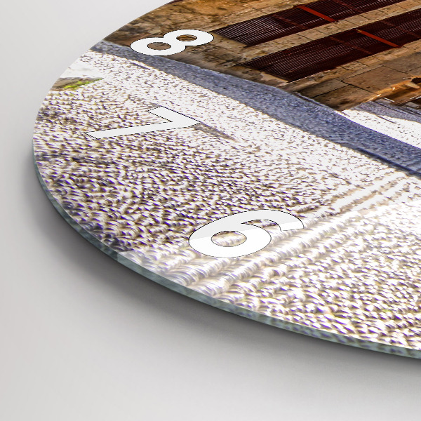 Round glass wall clock Picturesque street of Rhodes