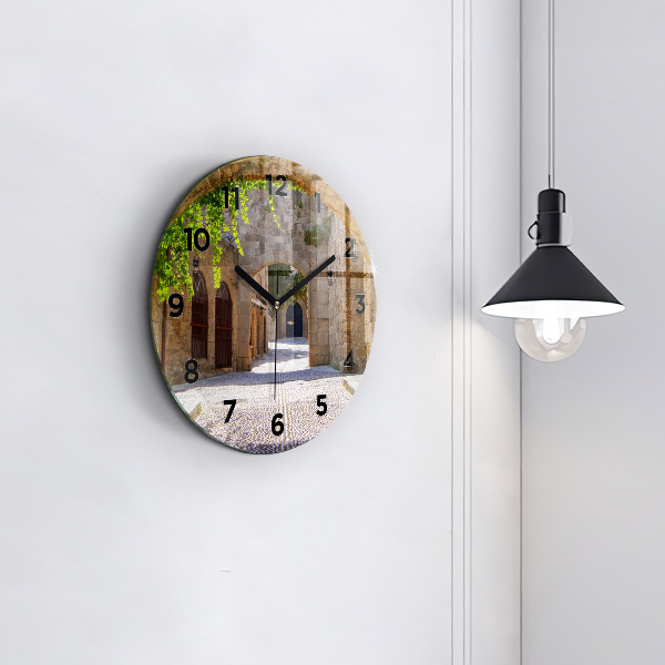Round glass wall clock Picturesque street of Rhodes