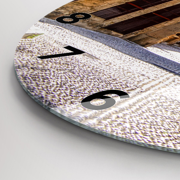 Round glass wall clock Picturesque street of Rhodes