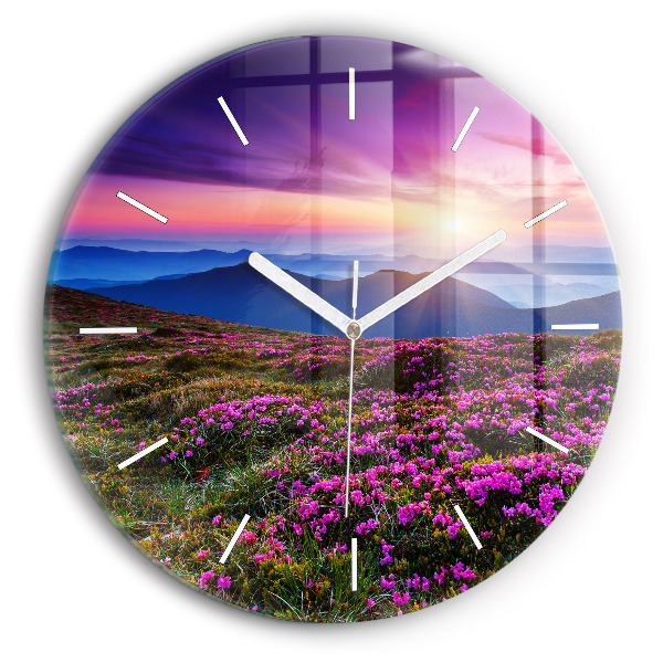 Round glass wall clock Sunrise and flowers