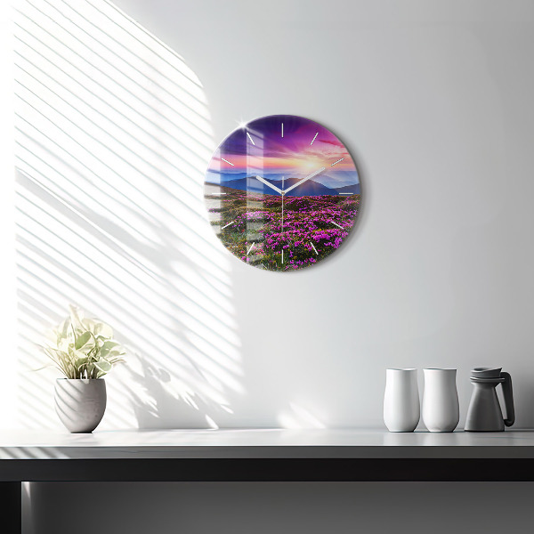 Round glass wall clock Sunrise and flowers