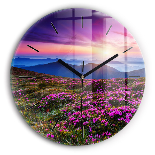 Round glass wall clock Sunrise and flowers