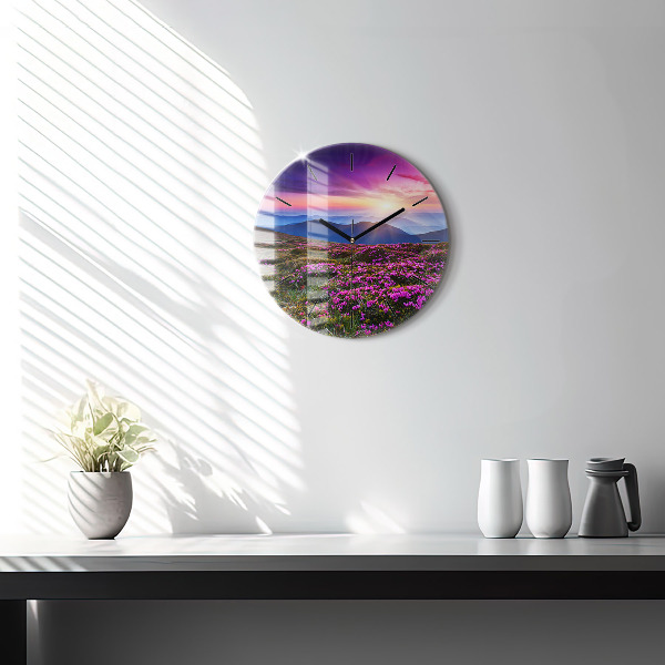 Round glass wall clock Sunrise and flowers