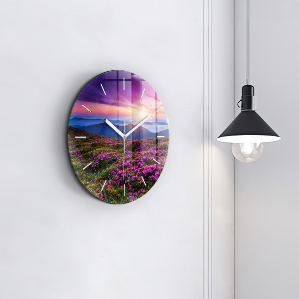 Round glass wall clock Sunrise and flowers