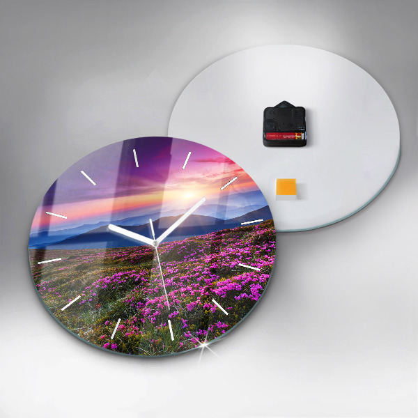 Round glass wall clock Sunrise and flowers