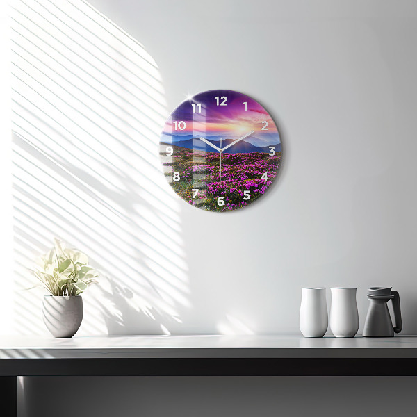 Round glass wall clock Sunrise and flowers