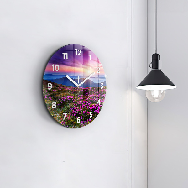 Round glass wall clock Sunrise and flowers