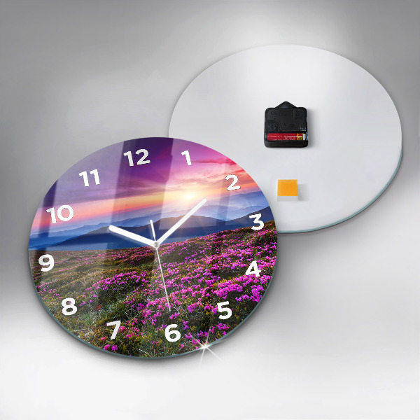 Round glass wall clock Sunrise and flowers