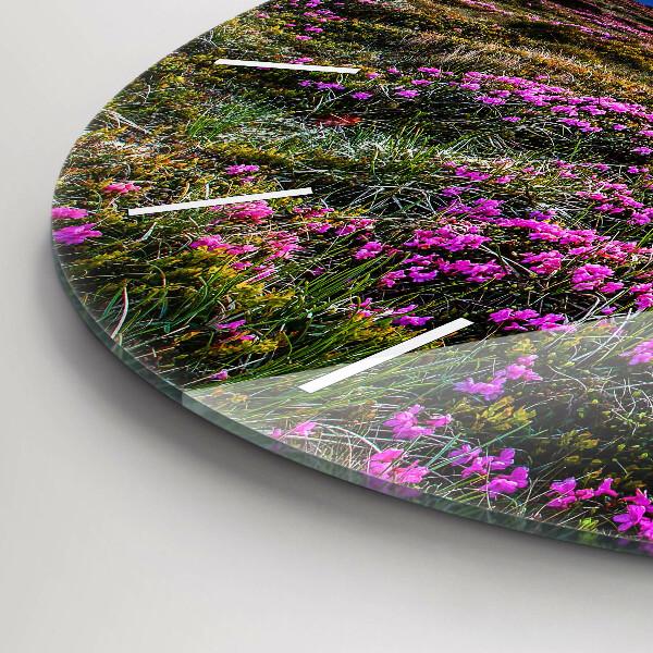 Round glass wall clock Sunrise and flowers
