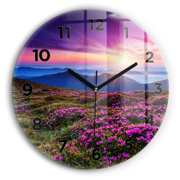 Round glass wall clock Sunrise and flowers