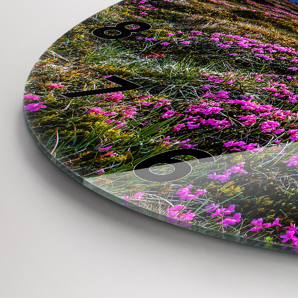 Round glass wall clock Sunrise and flowers