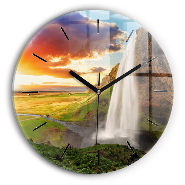 Round glass wall clock Waterfall in Iceland
