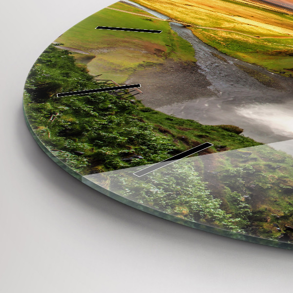 Round glass wall clock Waterfall in Iceland