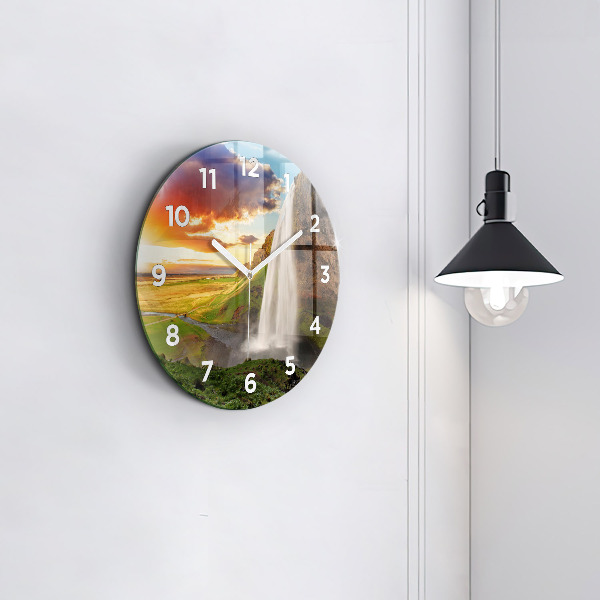 Round glass wall clock Waterfall in Iceland