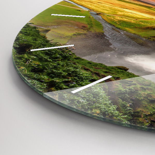 Round glass wall clock Waterfall in Iceland