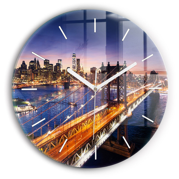 Round glass wall clock New York and the sunset