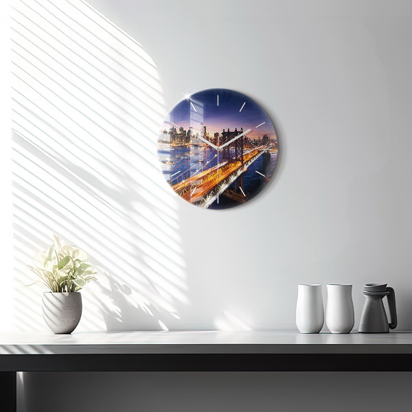 Round glass wall clock New York and the sunset
