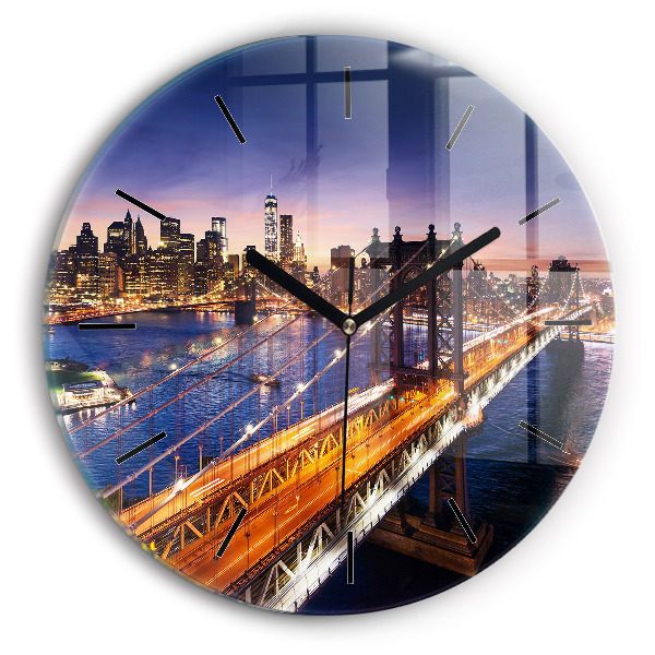 Round glass wall clock New York and the sunset