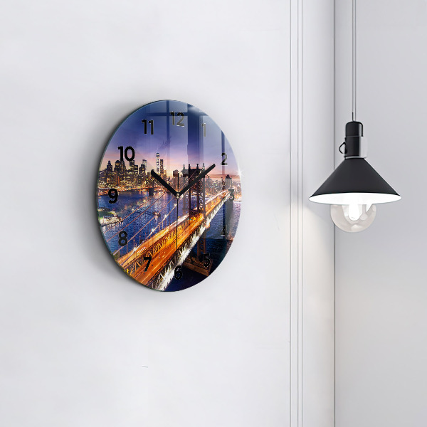 Round glass wall clock New York and the sunset