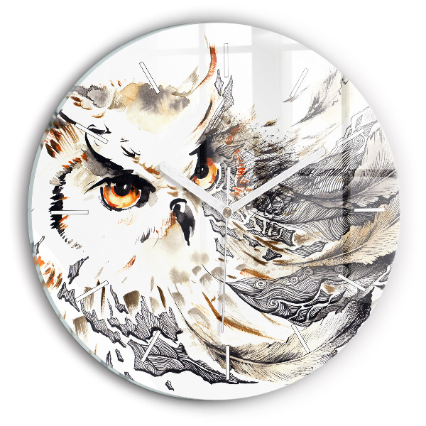Round glass wall clock Owl symbol of wisdom