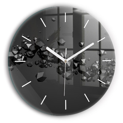 Round glass wall clock Black abstraction