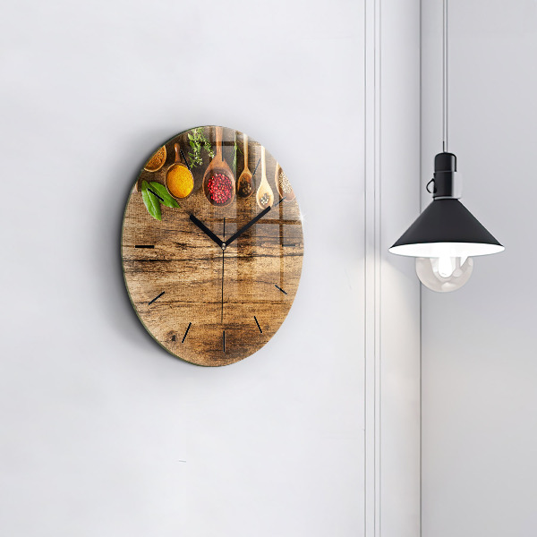 Round glass wall clock Spoons of spices