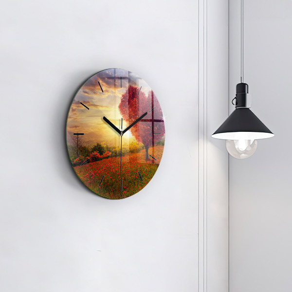 Round glass wall clock Love Heart Tree