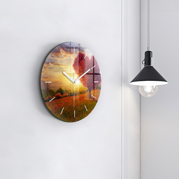 Round glass wall clock Love Heart Tree