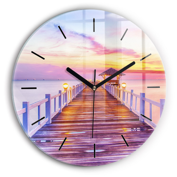 Round glass wall clock The bridge in the port in the evening