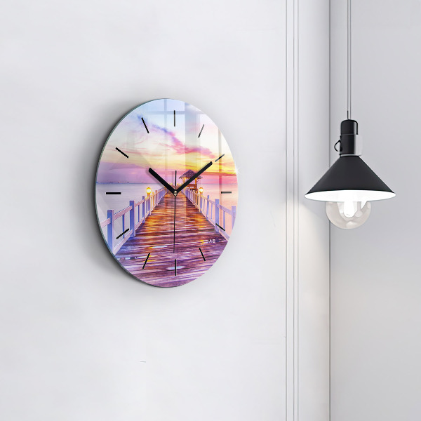 Round glass wall clock The bridge in the port in the evening