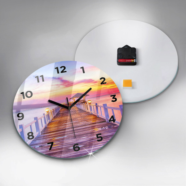 Round glass wall clock The bridge in the port in the evening
