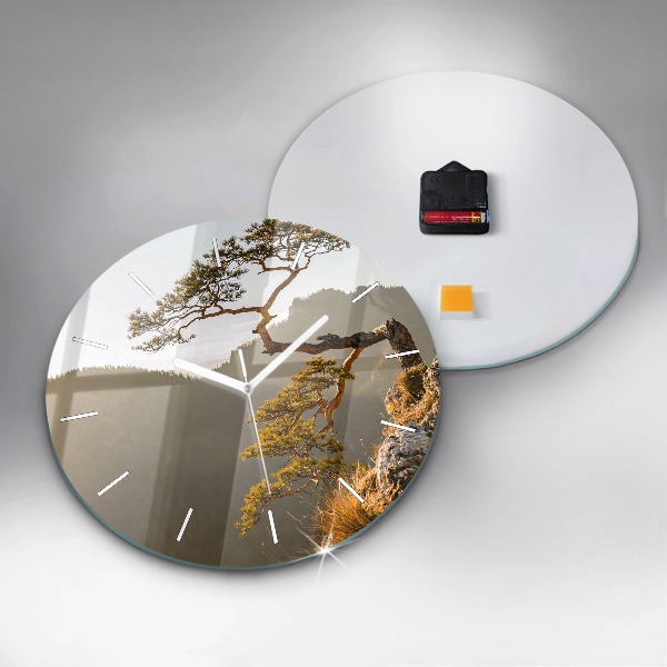 Round glass wall clock A tree in the mountains