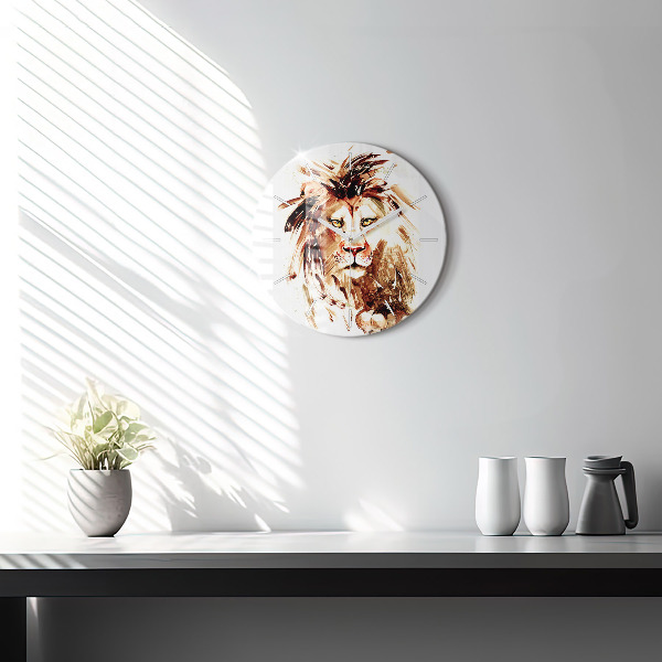 Round glass wall clock Illustration of a brown lion