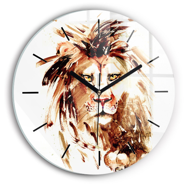 Round glass wall clock Illustration of a brown lion