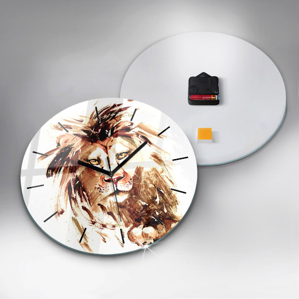 Round glass wall clock Illustration of a brown lion
