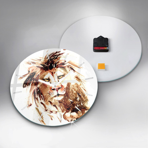 Round glass wall clock Illustration of a brown lion