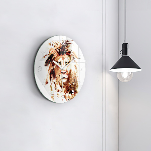 Round glass wall clock Illustration of a brown lion