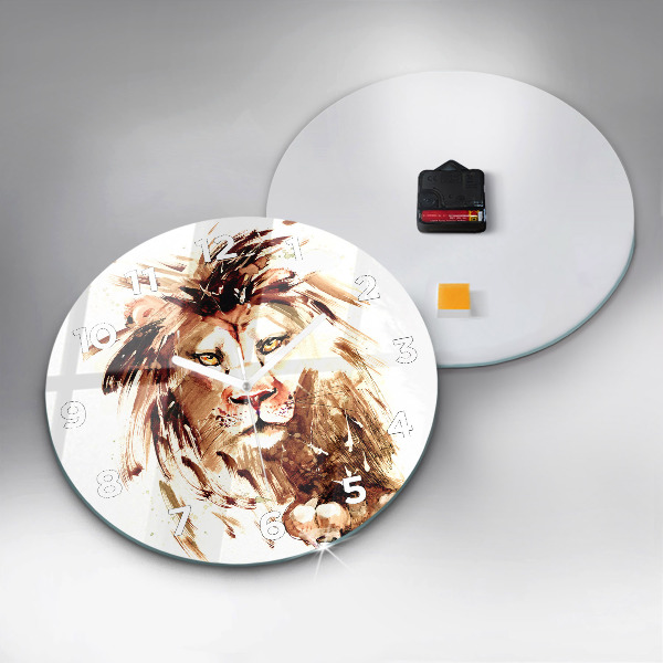 Round glass wall clock Illustration of a brown lion