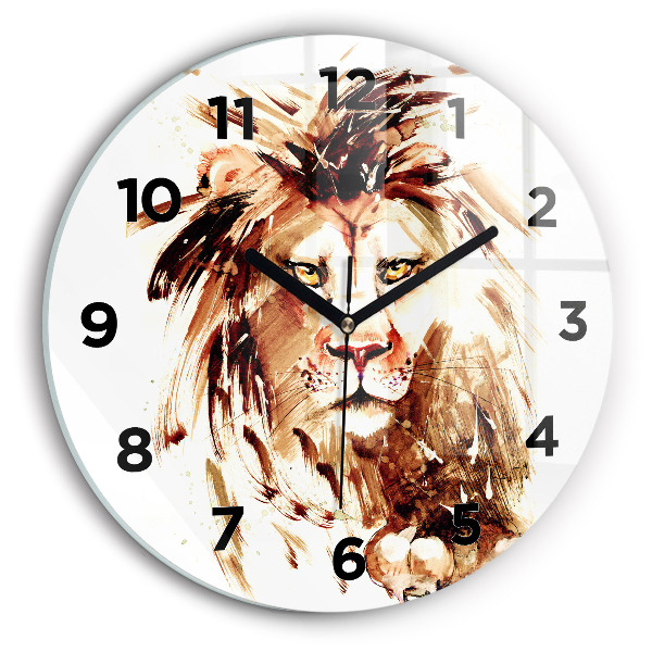Round glass wall clock Illustration of a brown lion