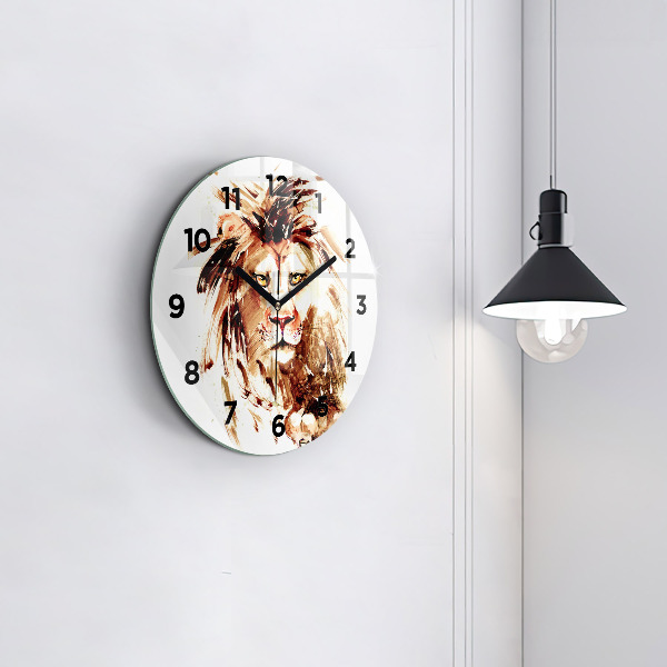 Round glass wall clock Illustration of a brown lion