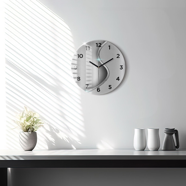 Round glass wall clock Gray metal abstraction