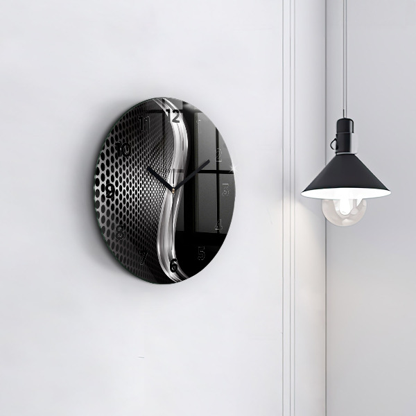 Round glass wall clock Black metal abstraction