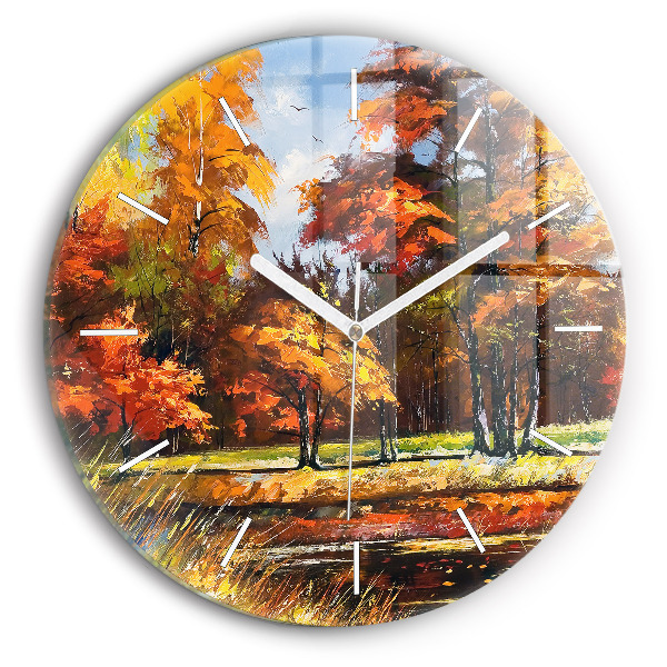 Round glass wall clock Autumn landscape with a river