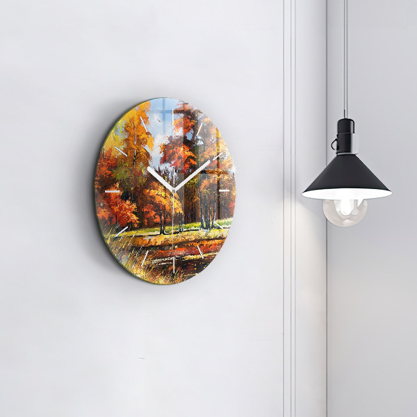 Round glass wall clock Autumn landscape with a river