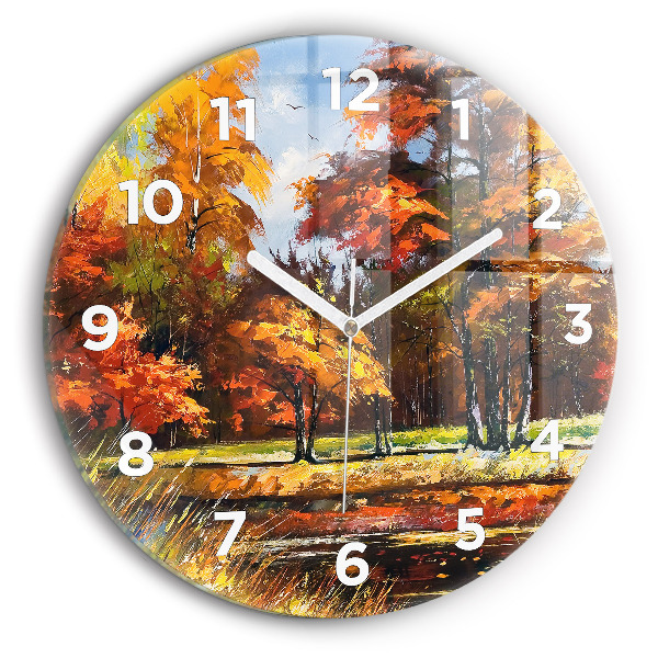 Round glass wall clock Autumn landscape with a river