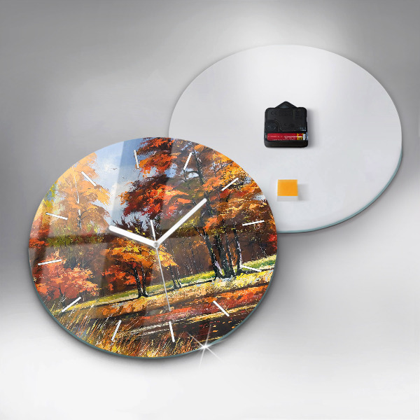 Round glass wall clock Autumn landscape with a river