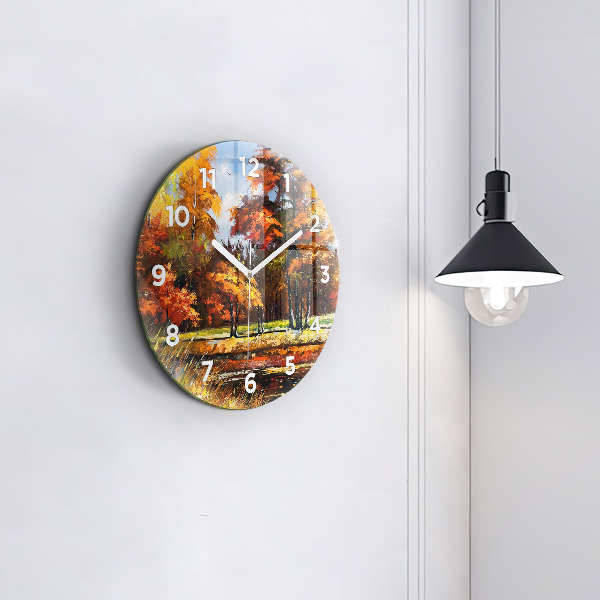 Round glass wall clock Autumn landscape with a river