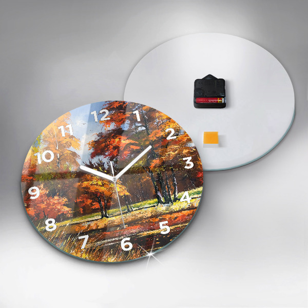 Round glass wall clock Autumn landscape with a river