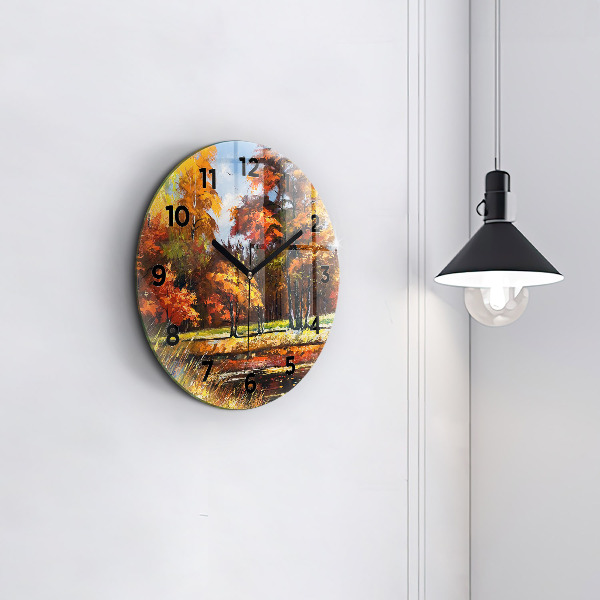 Round glass wall clock Autumn landscape with a river