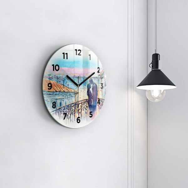 Round glass wall clock People in watercolor